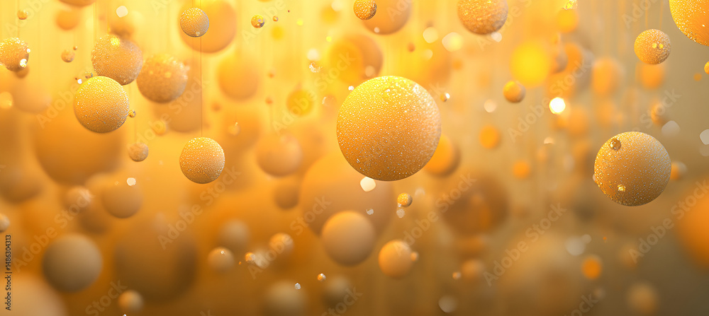 Poster artistic abstract rendering of floating spheres in gradient golden light with bokeh effect and textu