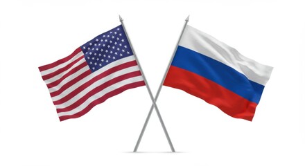 Obraz premium United States and Russia Flags Crossed on Poles, Isolated on White Background, Depicting Relations