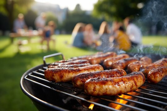 Sausages grilling on the barbecue at a picnic in the park with friends eating