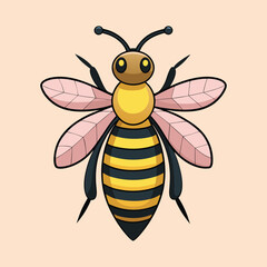 Stylized cartoon bee with yellow and black stripes on a tan background