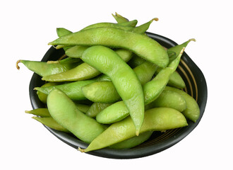 Boiled edamame soybeans in ceramic bowl