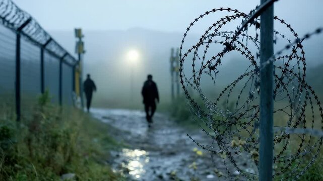Passage frame: wired barrier, migrant path, exile warning, forbidden stretch, refugee plight, perimeter clue, prison reminder, escape issue, threshold lock, border map, immigrant message.