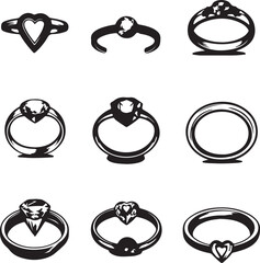 Black and White Ring Illustrations: Various Diamond Jewelry Designs