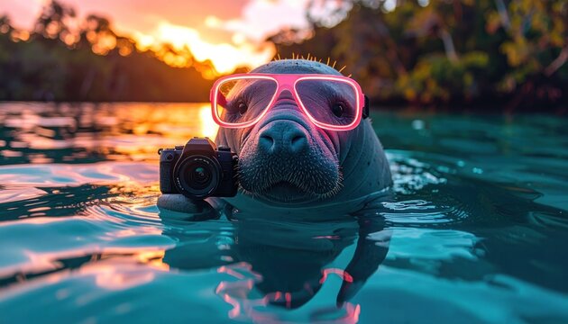 Manatee w/camera, neon pink glasses swims in sunset, turquoise water near lush trees