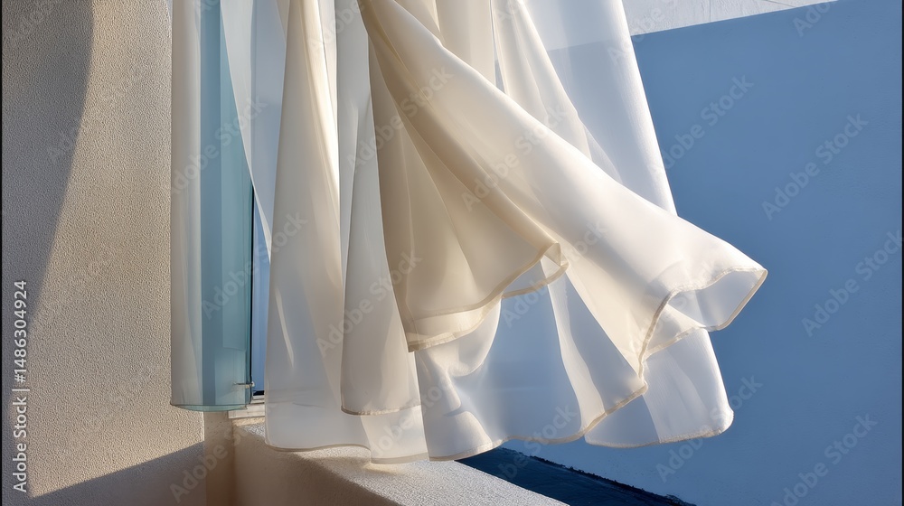 Poster billowing sheer white curtains catch the gentle glow of early evening light as they sway calmly in a