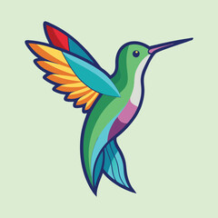 Colorful Hummingbird Illustration with Geometric Style and Vibrant Details Against Light Green Background