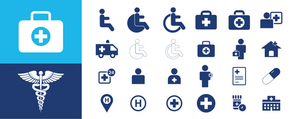 Medical icon. Disabled icons, Wheelchair symbols. Medical sign, Medical symbol, Medical Snake Caduceus Logo, Caduceus sign, caduceus symbol.