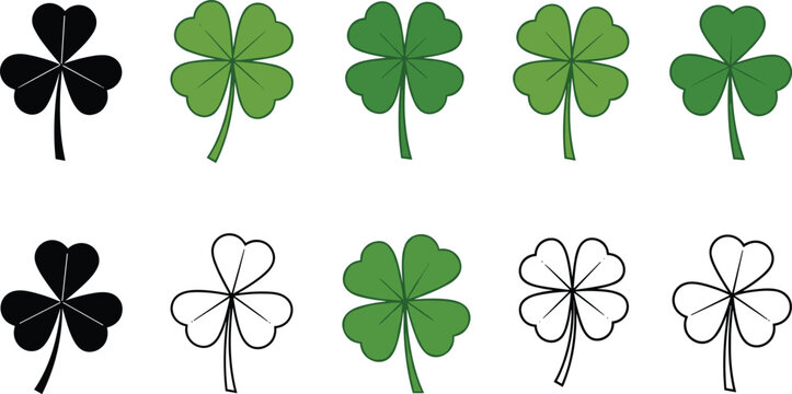 shamrock, clover, leaf, green, vector, set, lucky, leaf, symbol, plant, irish, st, saint, patrick, day, ireland, cartoon, flat, illustration, style, icon, holiday, celebration, design, nature, traditi