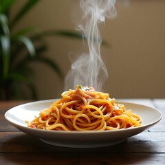 steaming hot delicious pasta with long noodles also tomato sauce on wood table