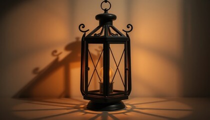 Vintage lantern with warm light and cast shadows, evocative design.