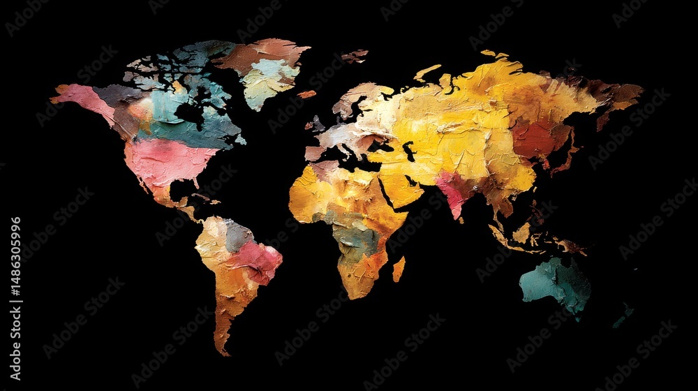 Aufkleber an abstract map features countries painted in vibrant colors, symbolizing the dynamic nature of our 