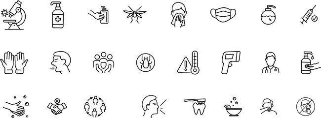 Fototapeta premium Health Line Editable Icons set. Vector illustration in modern thin line style of Disease Prevention and Control related icons: Safety, Sanitation, Virus Prevention, and more.