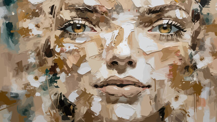 Abstract Portrait Painting - Textured Impressionist Art of a Woman's Face - Beige and White Palette with Striking Eyes - Contemporary Artwork for Wall Decor - Unique Expressionist Style
