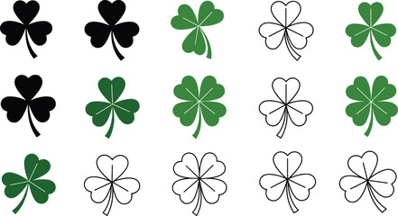 shamrock, clover, leaf, green, vector, set, lucky, leaf, symbol, plant, irish, st, saint, patrick, day, ireland, cartoon, flat, illustration, style, icon, holiday, celebration, design, nature, traditi