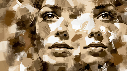 Abstract Portrait Painting of a Woman with Expressive Brushstrokes - Sepia Tone Art - Female Face Close-Up in Brown and Beige Palette - Modern Artwork