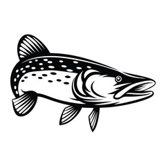 Pike Fish Leaping Silhouette, Vintage Style, Isolated Black and White