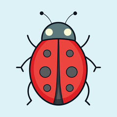 Cute cartoon red ladybug with black spots on a light blue background