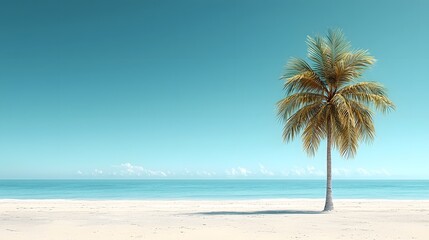 A solitary palm tree stands tall against the tranquil beach horizon