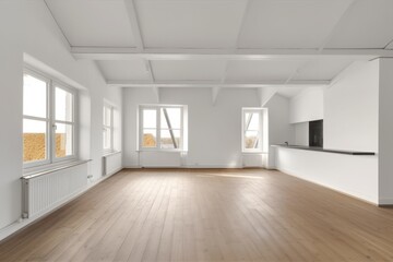 Fototapeta premium Empty Apartment Photo: Modern White Interior, Hardwood Floors, Bright Windows, Open Kitchen, New Construction, Minimalist Style