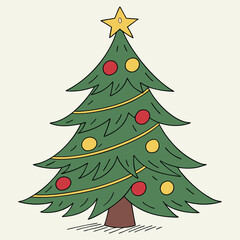 A green Christmas tree with a brown trunk, decorated with red and yellow ornaments, yellow garland, and a gold star on top, set against a beige background.