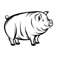 Monochrome Pig Silhouette with Curly Tail, Farm Animal Illustration, Line Art Design