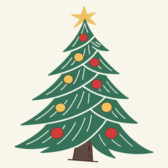 A green Christmas tree with a brown trunk, decorated with red and yellow ornaments and a yellow star on top, on a beige background.