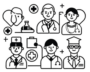 Medical Team Line Icons – Doctors, Nurses, and Healthcare Workers in Modern Minimalist Style Adobe Illustrator Artwork.