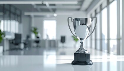 Silver trophy sits in a bright office setting