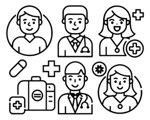 Medical Team Line Icons – Doctors, Nurses, and Healthcare Workers in Modern Minimalist Style Adobe Illustrator Artwork.