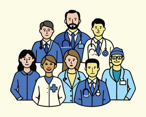 Vector Illustration of Diverse Medical Team of Doctors and Nurses – Healthcare Workers Group Portrait in Flat Cartoon Style for Hospital, Clinic, or Medical Services Design.