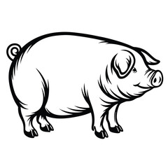 Pig Silhouette, Side View. Farm Animal With Curly Tail in Black Outline, Isolated Style