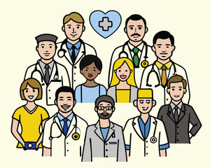Vector Illustration of Diverse Medical Team of Doctors and Nurses – Healthcare Workers Group Portrait in Flat Cartoon Style for Hospital, Clinic, or Medical Services Design.