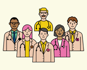 Vector Illustration of Diverse Medical Team of Doctors and Nurses – Healthcare Workers Group Portrait in Flat Cartoon Style for Hospital, Clinic, or Medical Services Design.