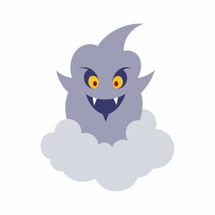 Spooky cartoon ghost with fangs floating on a cloud illustration