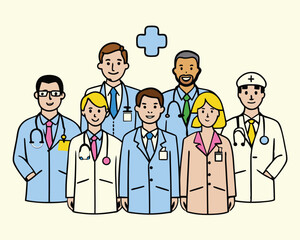 Vector Illustration of Diverse Medical Team of Doctors and Nurses – Healthcare Workers Group Portrait in Flat Cartoon Style for Hospital, Clinic, or Medical Services Design.