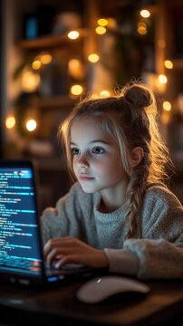 Young girl coding at night