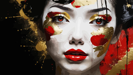 Stunning Geisha Art-Close-up Portrait with Red and Gold Accents-Asian Beauty with Bold Makeup-Unique Artistic Expression-Modern Geisha Illustration