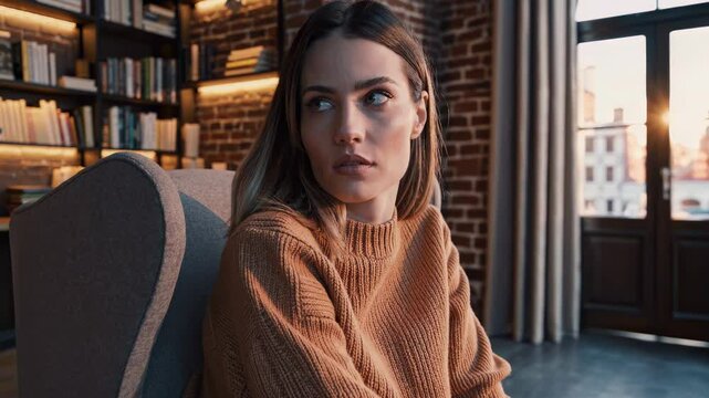 Individual wears sweater relaxing in stylish home library exuding comfort, warmth and urban sophistication