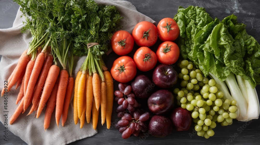 Poster A colorful display of fresh produce arranged on a dark slate surface showcases an assortment of carrots, tomatoes, lettuce, and grapes, highlighting their natural beauty