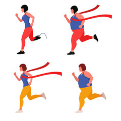 A female runner. Set. A woman crosses the red finish line. An overweight woman is running. A woman on a run. A woman runs with a prosthetic leg.