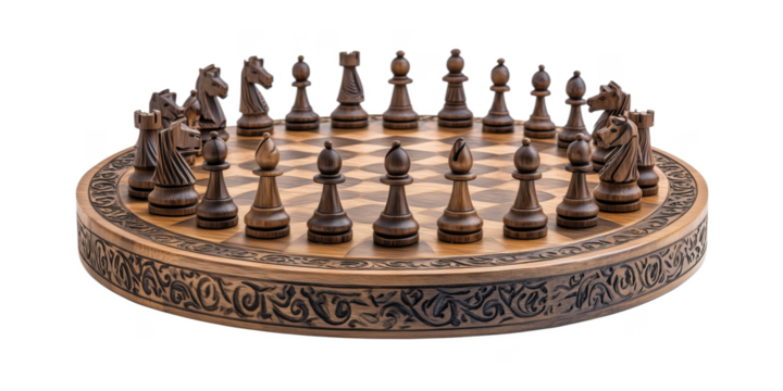 Elegant wooden chess set with intricately carved pieces on circular board, isolated on transparent background, png