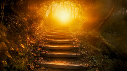 Wooden steps leading towards an ethereal glow, inviting exploration and a glimpse of the unknown