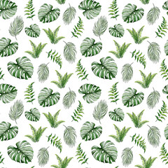 Seamless watercolor pattern with tropical leaves. Watercolor green flora for wedding card, greeting, wallpaper