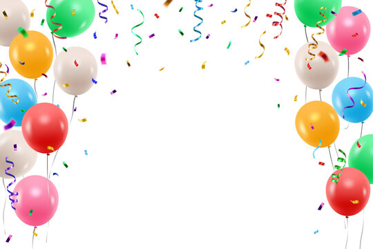 Vector colorful party balloons, confetti and streamers decorative border isolated on white background