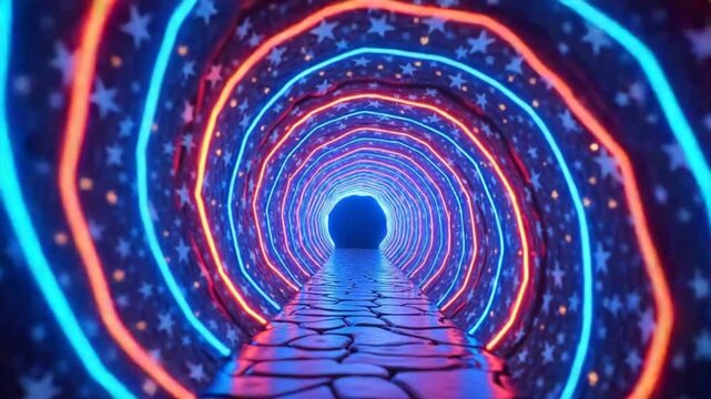 Abstract Neon Tunnel with Rotating Stars