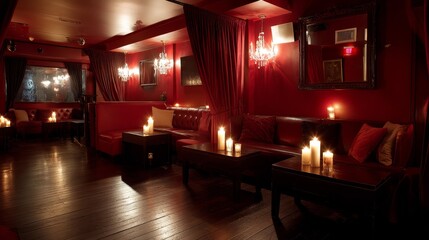 Sleek lounge area features warm golden hues and plush seating, complemented by chandeliers, creating an intimate ambiance perfect for social gatherings