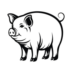 Cartoon Pig Illustration, Black and White Stylized Design, Farm Animal Icon Isolated