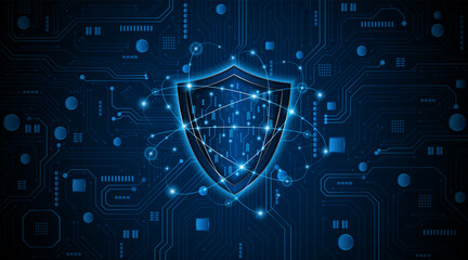 Abstract technology circuit board background with shield symbols concept of data protection and cyber privacy. modern security technology innovation concept background	