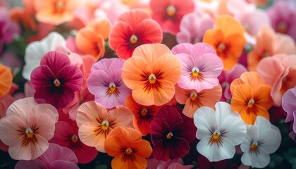 Vibrant, diverse pansies bloom in a close-up, colorful floral arrangement