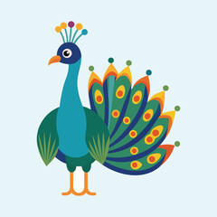 Stylized Peacock Illustration with Bold Colors and Geometric Patterns on Light Blue